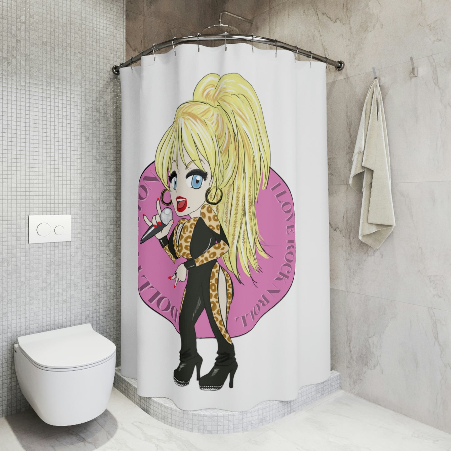 Dolly Parton "I LOVE ROCK N ROLL" artist inspired Shower Curtain