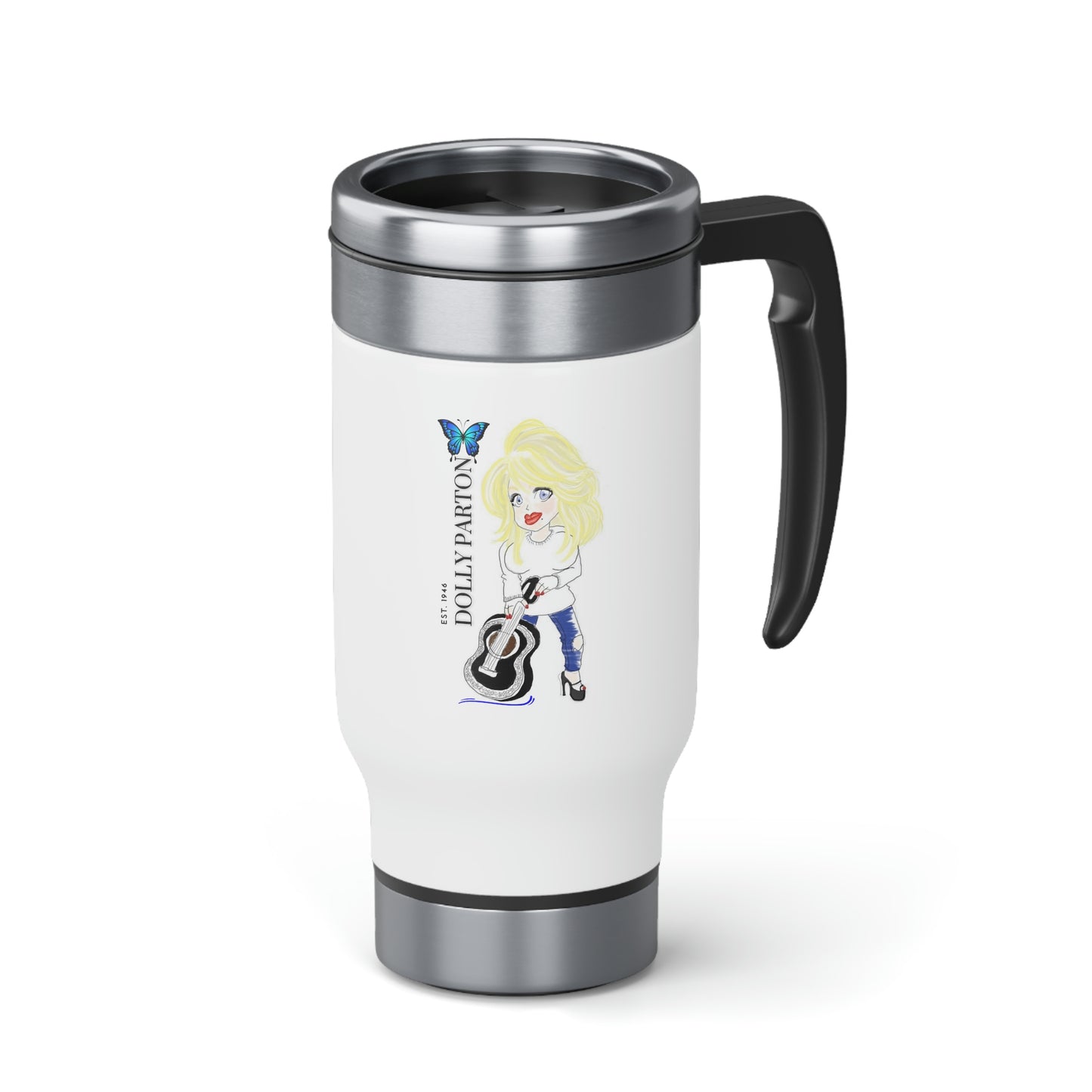 Artist Rendering of Dolly Parton in a Stainless Steel Travel Mug with Handle, 14oz