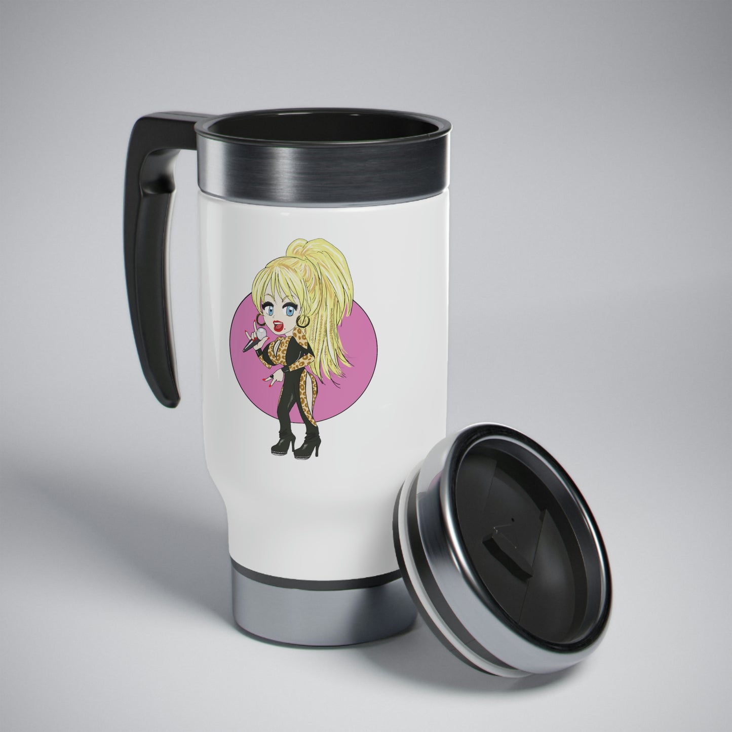 Dolly Parton I LOVE ROCK N ROLL Artist Inspired Stainless Steel Travel Mug with Handle, 14oz