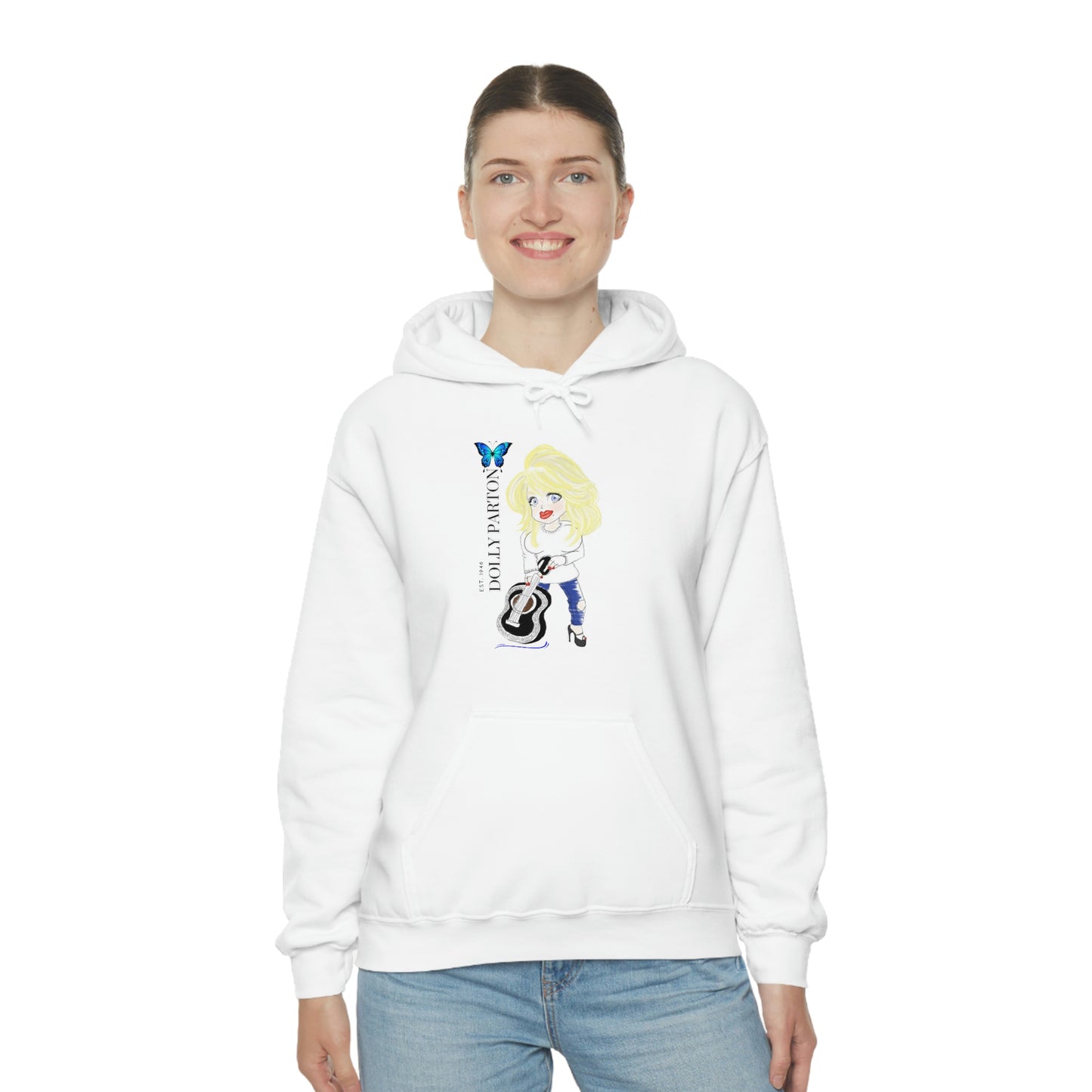 Artist Rendering of Dolly Paron on a Unisex Heavy Blend™ Hooded Sweatshirt