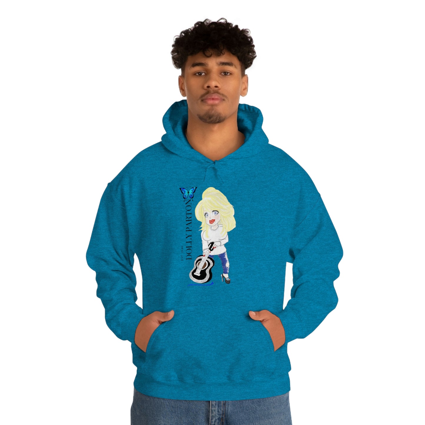 Artist Rendering of Dolly Paron on a Unisex Heavy Blend™ Hooded Sweatshirt