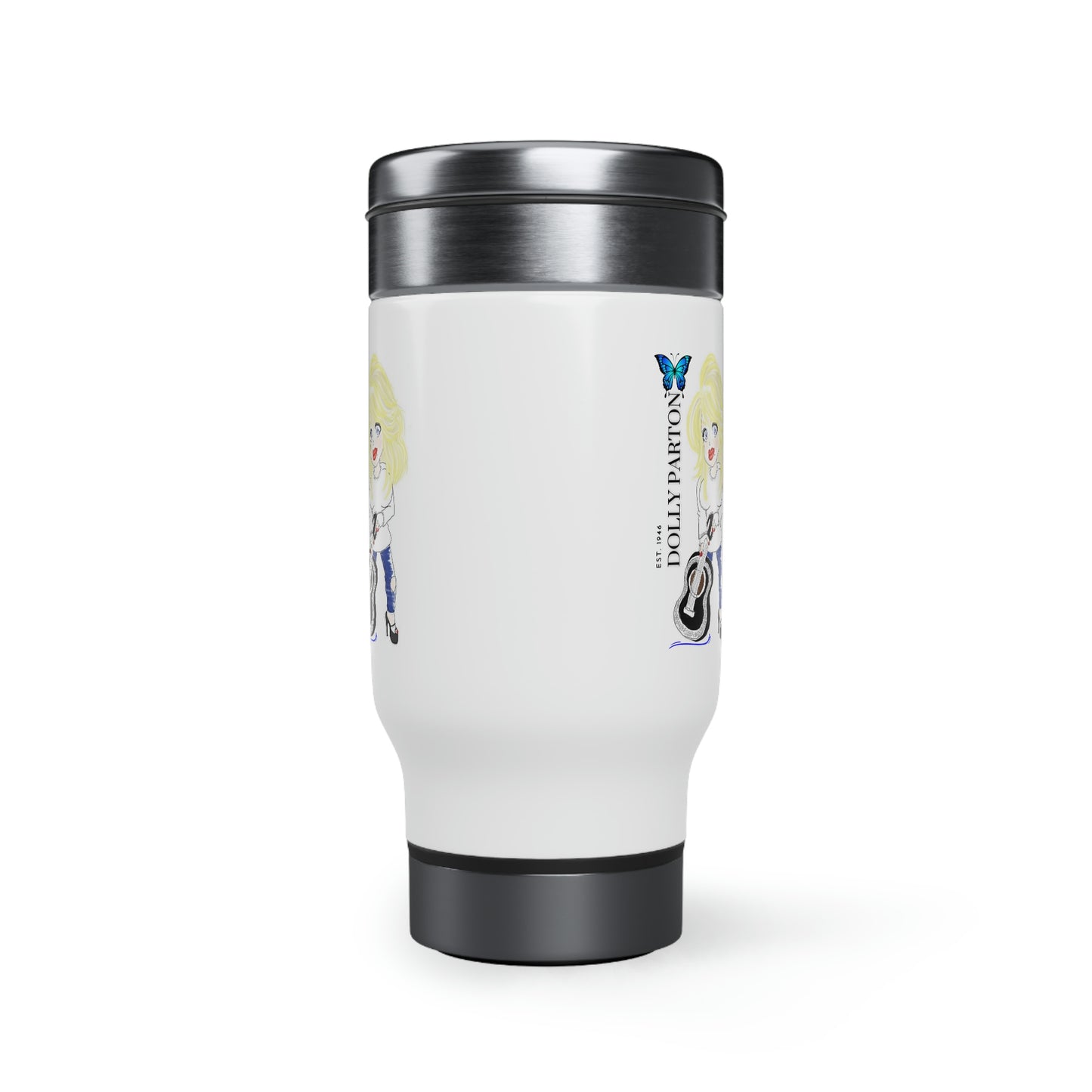 Artist Rendering of Dolly Parton in a Stainless Steel Travel Mug with Handle, 14oz