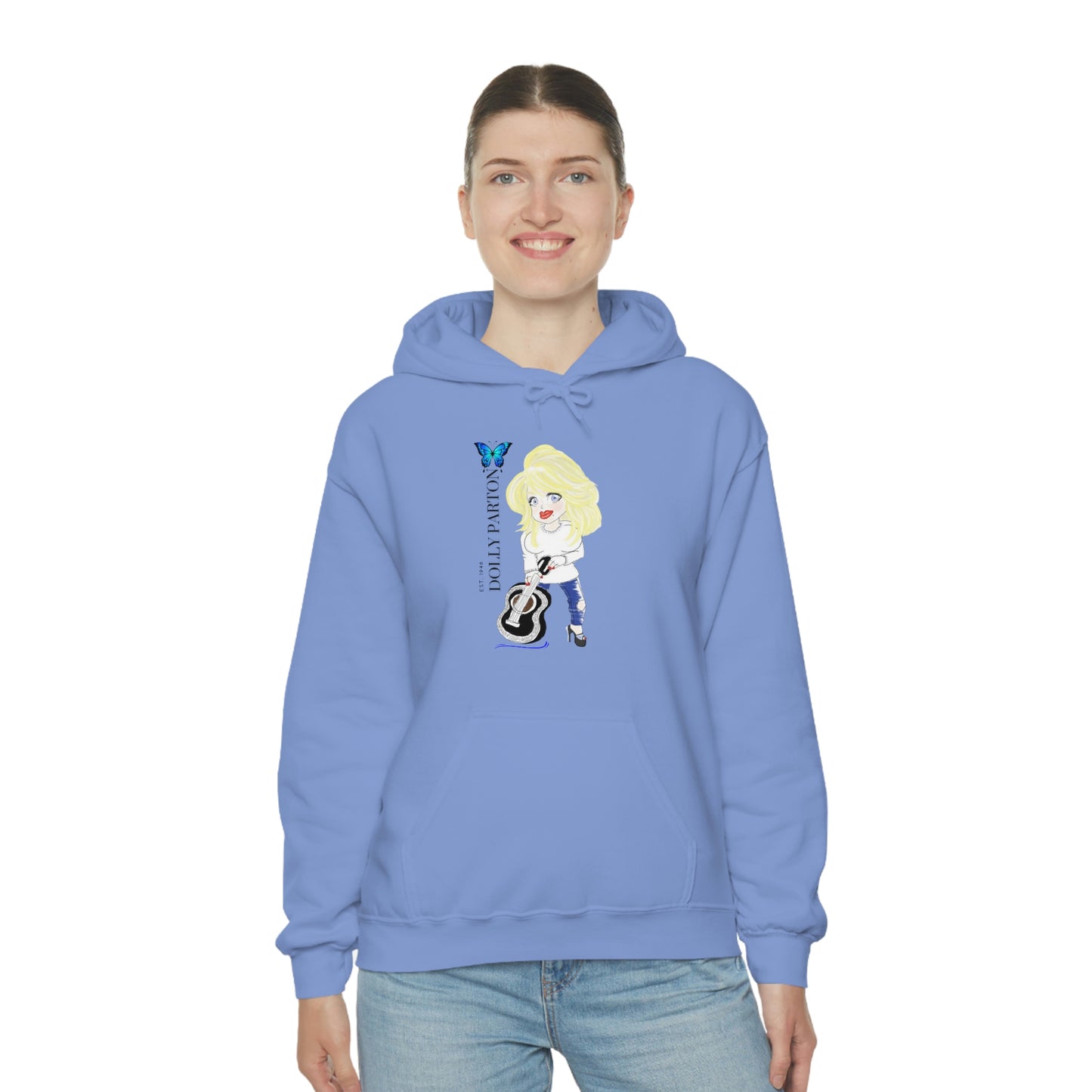 Artist Rendering of Dolly Paron on a Unisex Heavy Blend™ Hooded Sweatshirt