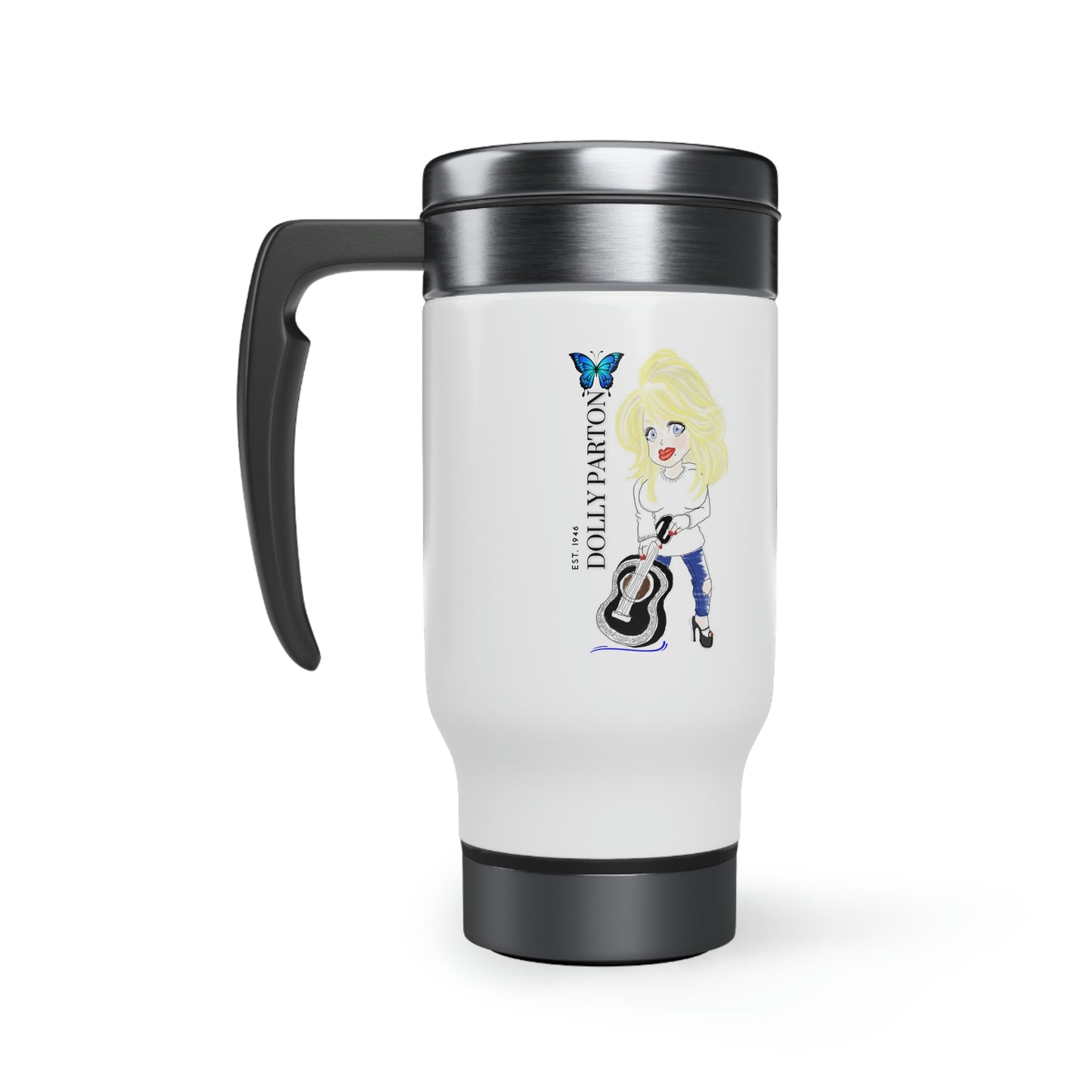 Artist Rendering of Dolly Parton in a Stainless Steel Travel Mug with Handle, 14oz