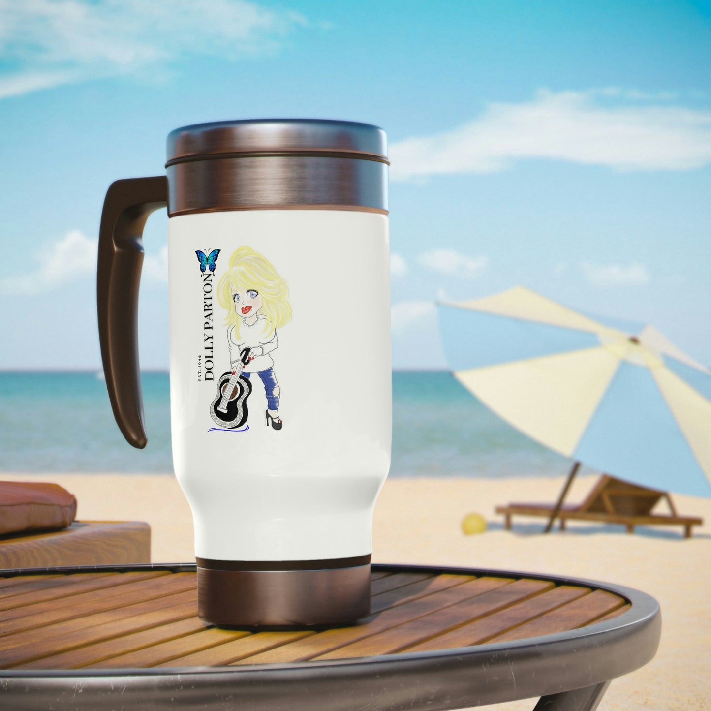 Artist Rendering of Dolly Parton in a Stainless Steel Travel Mug with Handle, 14oz