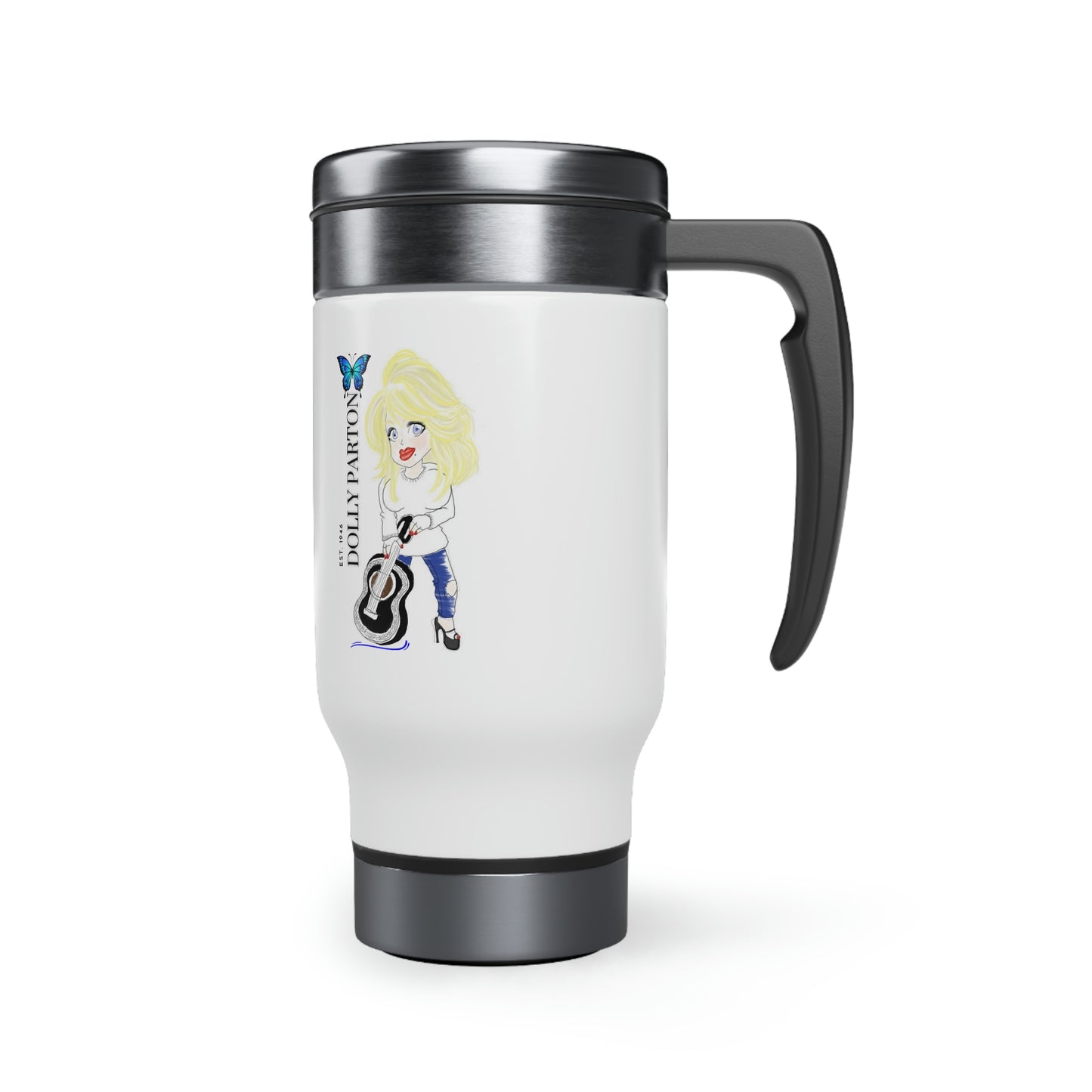 Artist Rendering of Dolly Parton in a Stainless Steel Travel Mug with Handle, 14oz