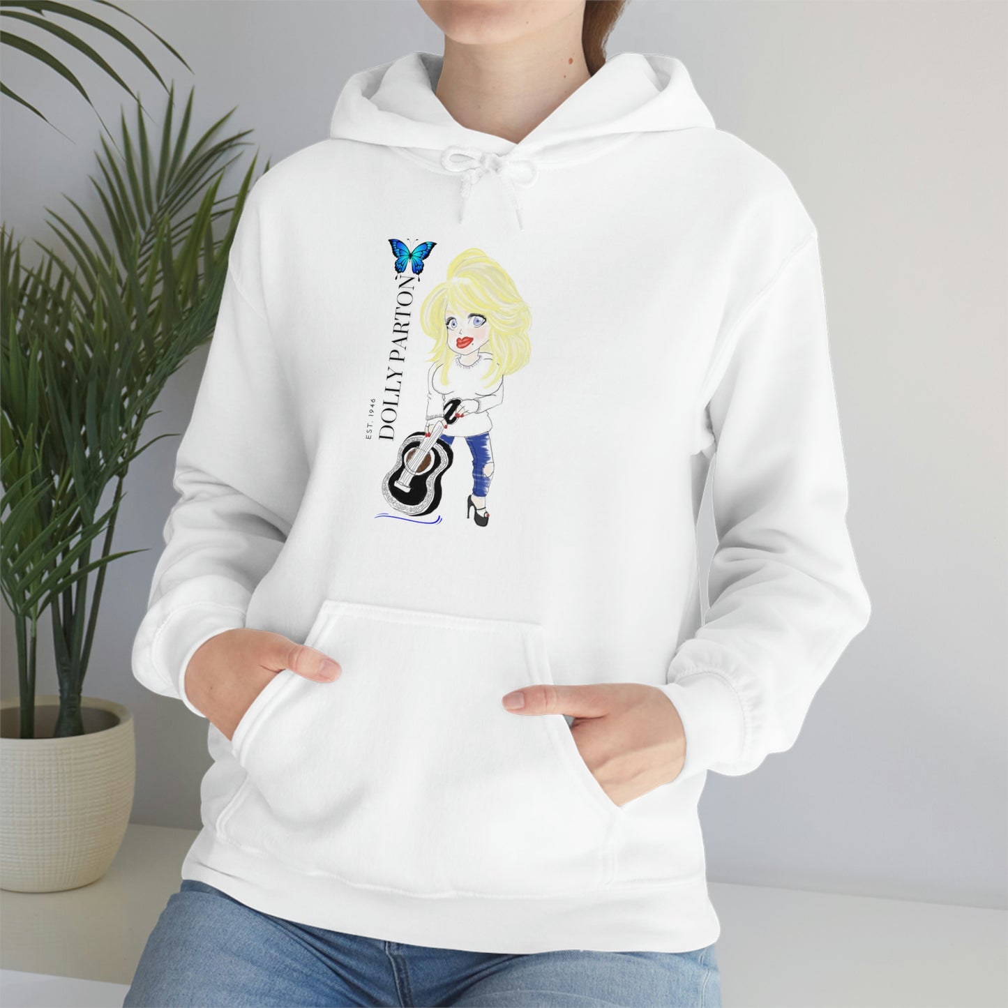 Artist Rendering of Dolly Paron on a Unisex Heavy Blend™ Hooded Sweatshirt