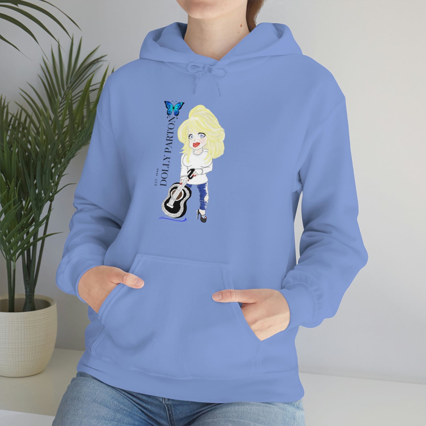 Artist Rendering of Dolly Paron on a Unisex Heavy Blend™ Hooded Sweatshirt