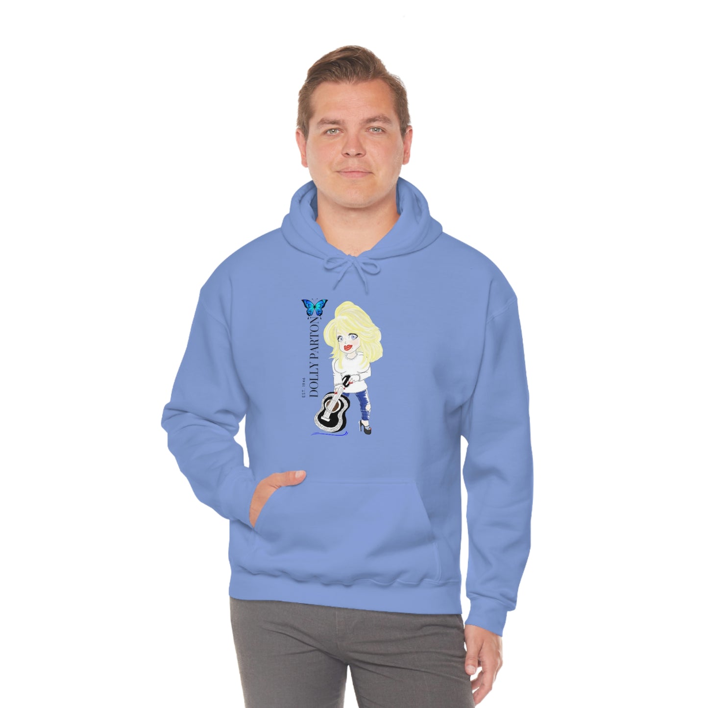 Artist Rendering of Dolly Paron on a Unisex Heavy Blend™ Hooded Sweatshirt