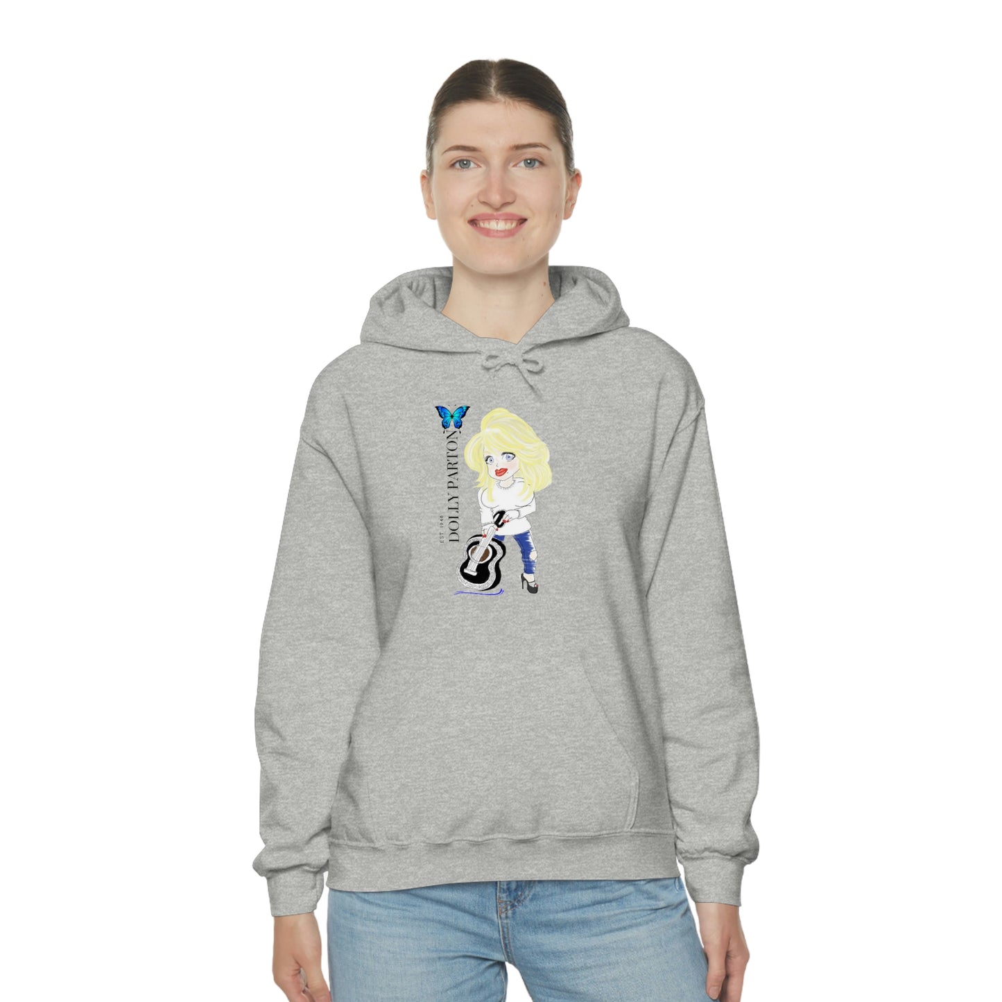 Artist Rendering of Dolly Paron on a Unisex Heavy Blend™ Hooded Sweatshirt