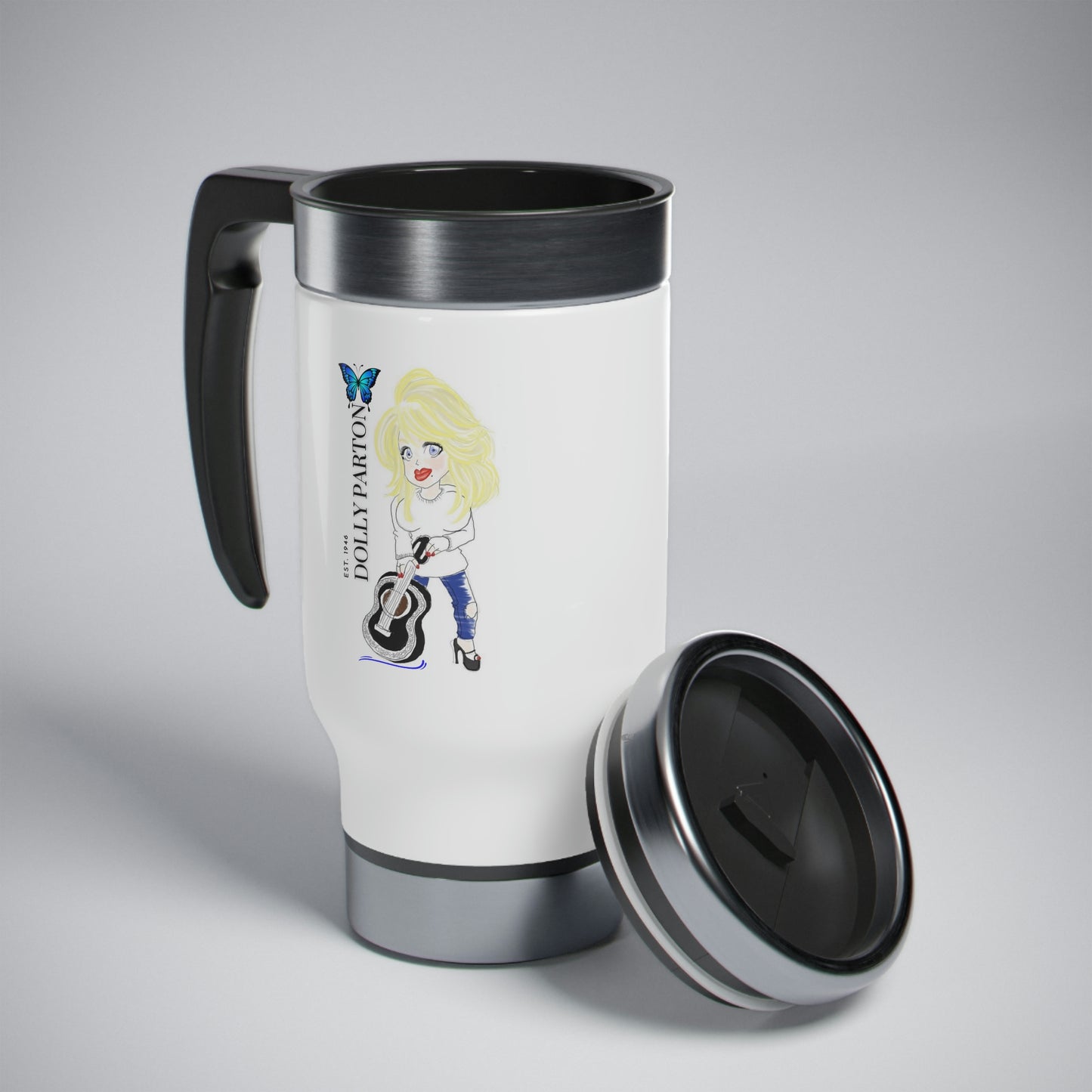 Artist Rendering of Dolly Parton in a Stainless Steel Travel Mug with Handle, 14oz