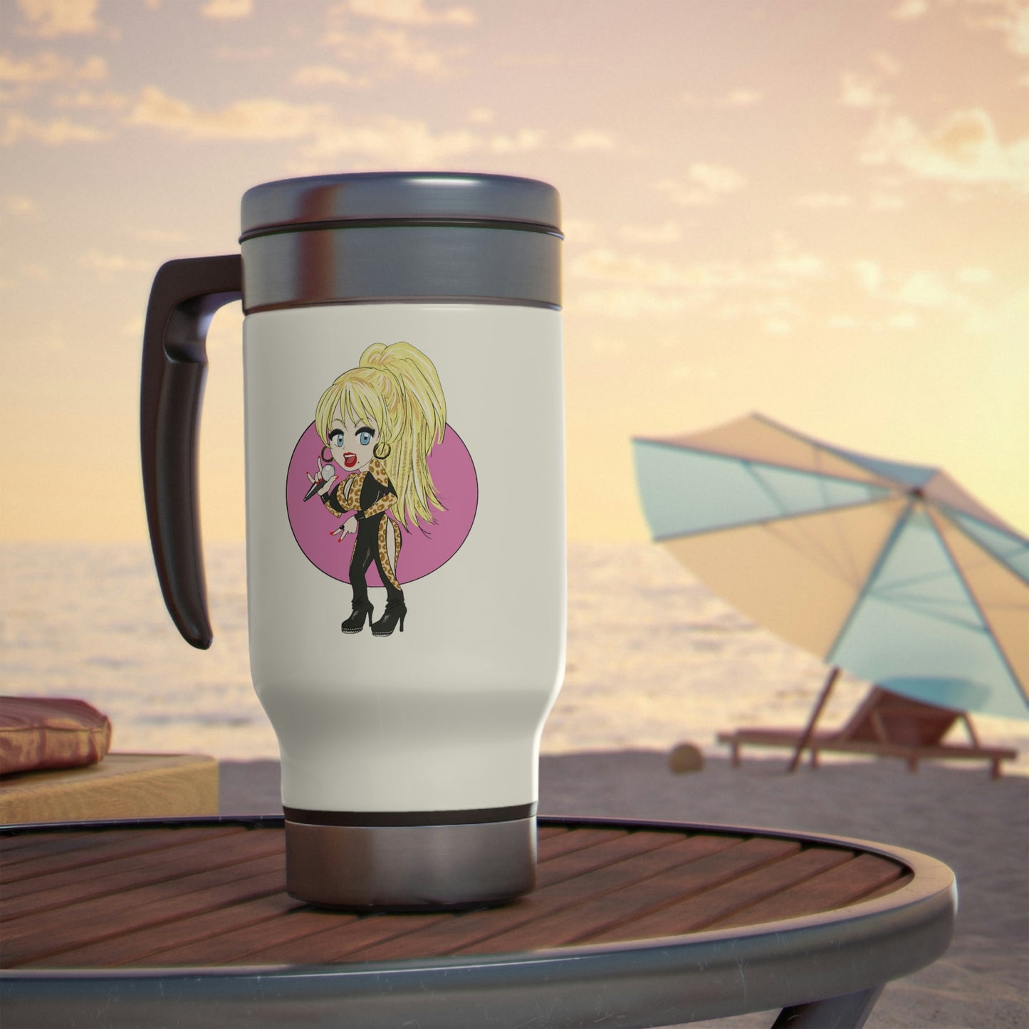 Dolly Parton I LOVE ROCK N ROLL Artist Inspired Stainless Steel Travel Mug with Handle, 14oz