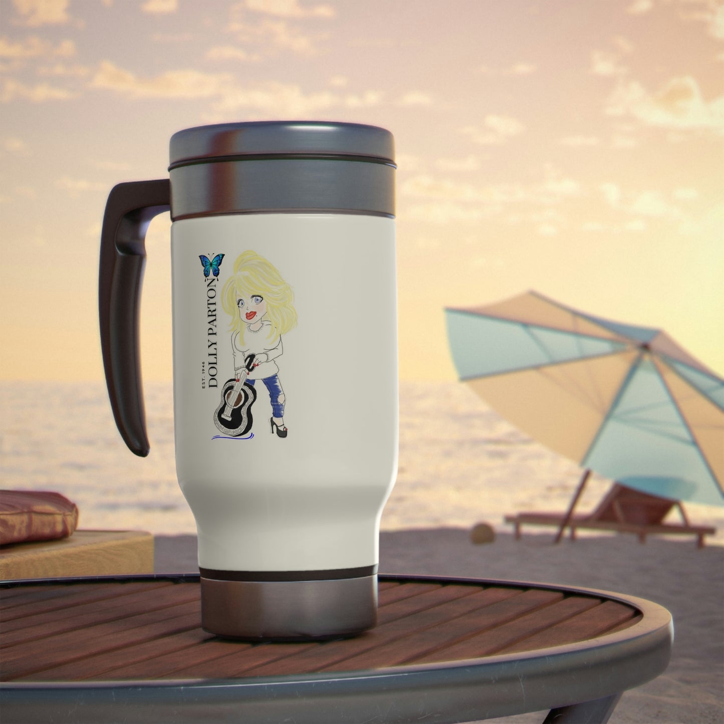 Artist Rendering of Dolly Parton in a Stainless Steel Travel Mug with Handle, 14oz