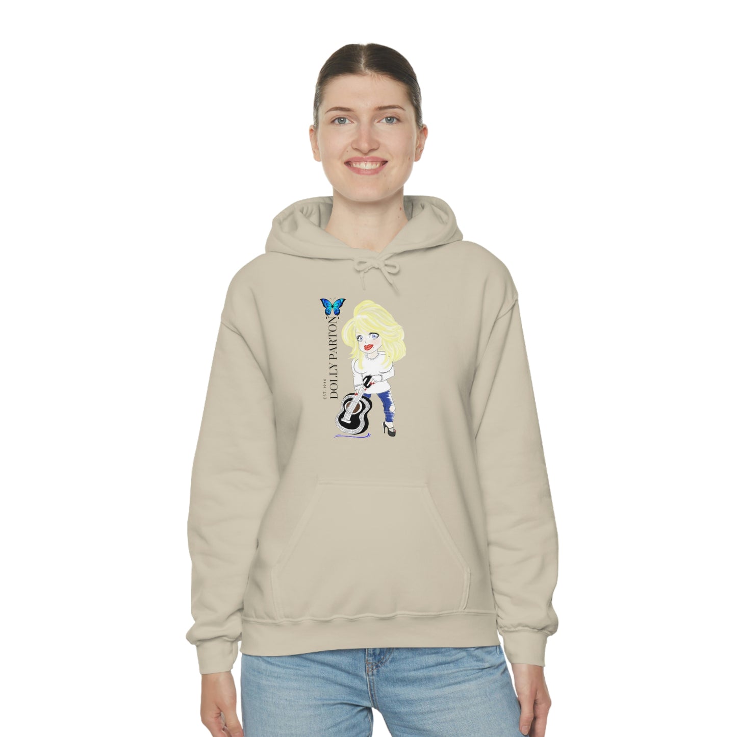 Artist Rendering of Dolly Paron on a Unisex Heavy Blend™ Hooded Sweatshirt